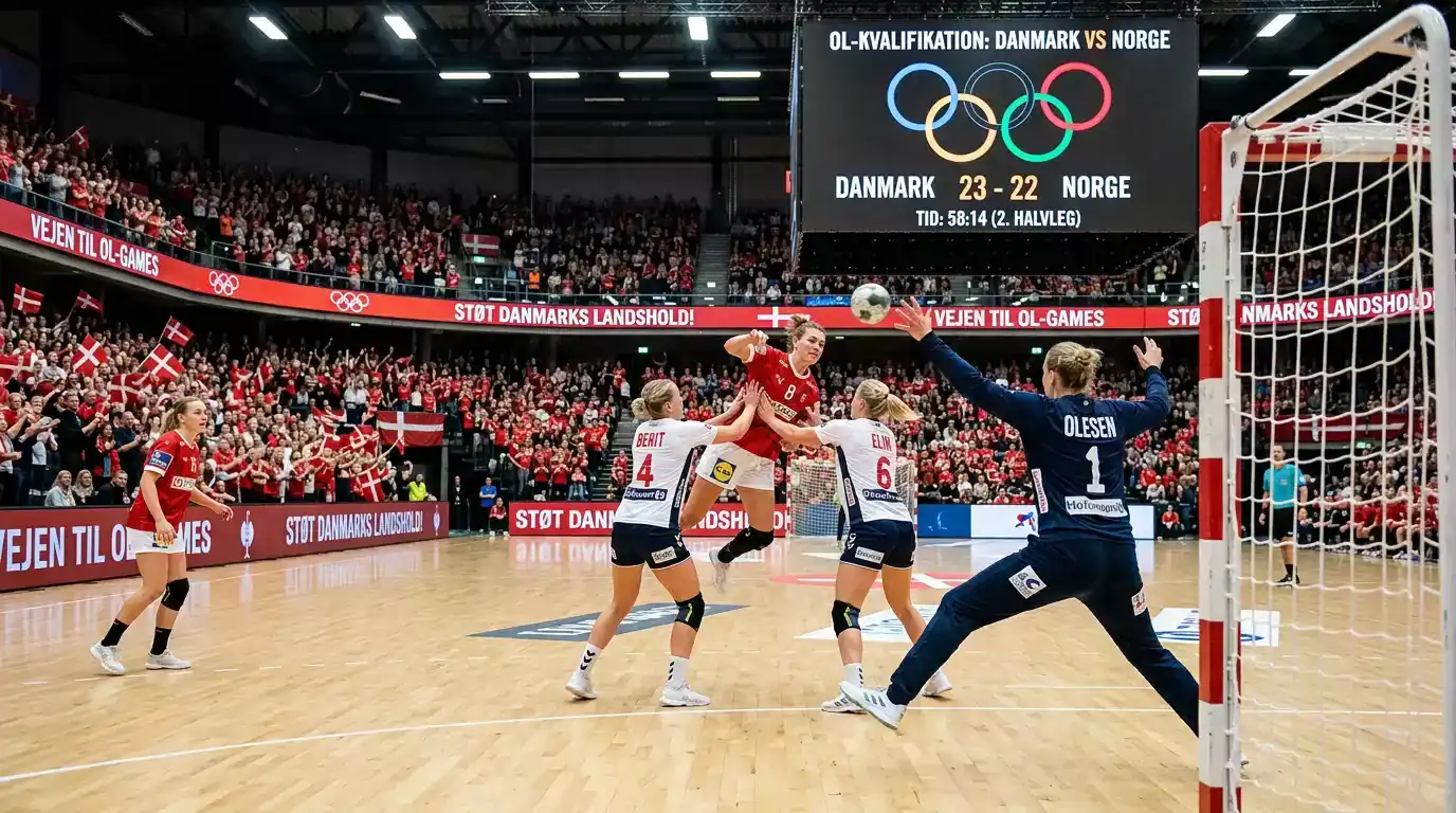 Kvindehåndboldkamp med olympiske ringe i baggrunden