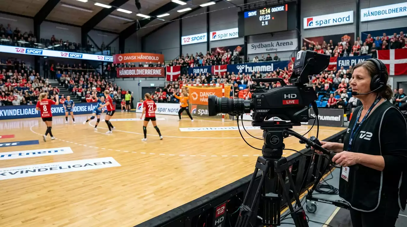 Tv-skærm der viser en kvindehåndboldkamp fra Kvindeligaen